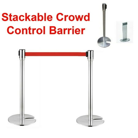 2 Crowd Control Stanchions Stand Queue Line Post Barrier Retractable Belt Red