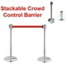 2 Crowd Control Stanchions Stand Queue Line Post Barrier Retractable Belt Red