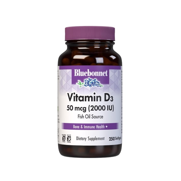 Bluebonnet Vitamin D3 2000 IU 50 mcg Cold-Water Fish Liver Oil & Safflower Oil, 250 Days