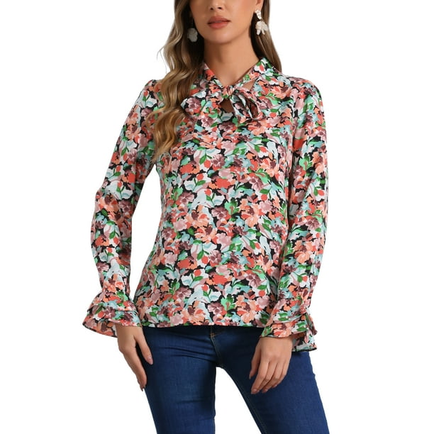 INSPIRAR CHIC Blusa Vintage de Manga Larga con Volantes y Cuello en V Floral para Mujeres XL Rosa Azul