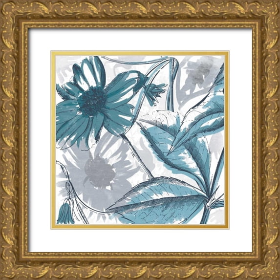 Grey, Jace 12x12 Gold Ornate Wood Framed with Double Matting Museum Art Print Titled - Sketch flowers Metallic teal