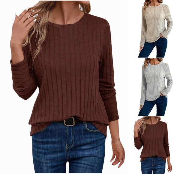 Hauts pour Femmes Chandails en Molleton Ndbuld pour Femmes Col Rond Décontracté Manches Longues Tuniques, Café, S