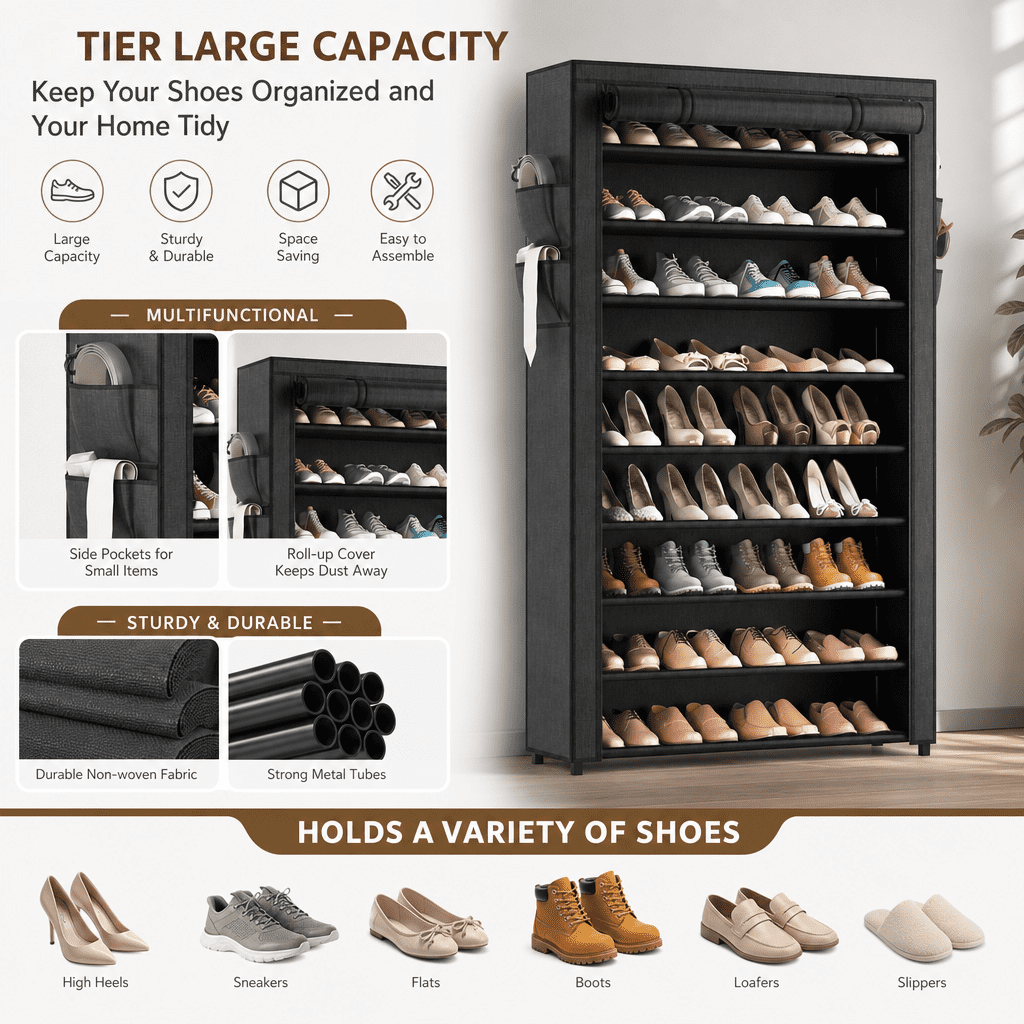 10-Tier Vertical Shoe Rack Storage with Cover, Holds up to 40 Pairs of Shoes, 40 Count, 1 Pack