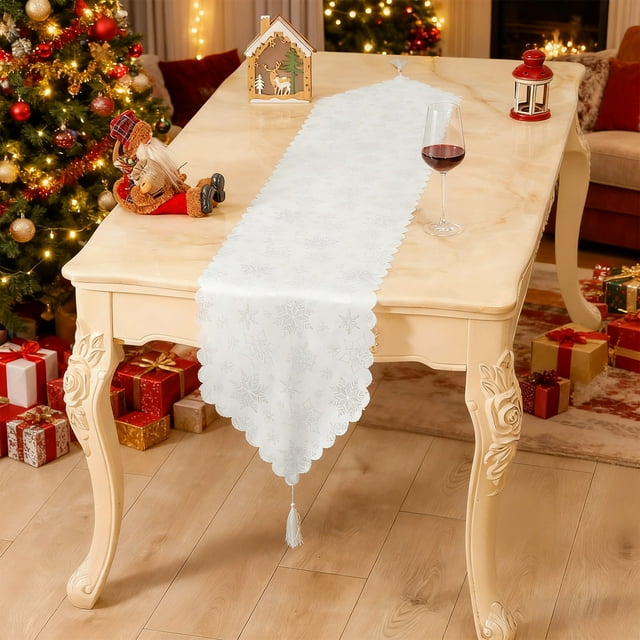 Zenithome Christmas Table Runner 70.87x13.39x0.04In White Red Polyester Soft Wrinkle Resistant Festive Durable For Dining Table Party Holiday Decor