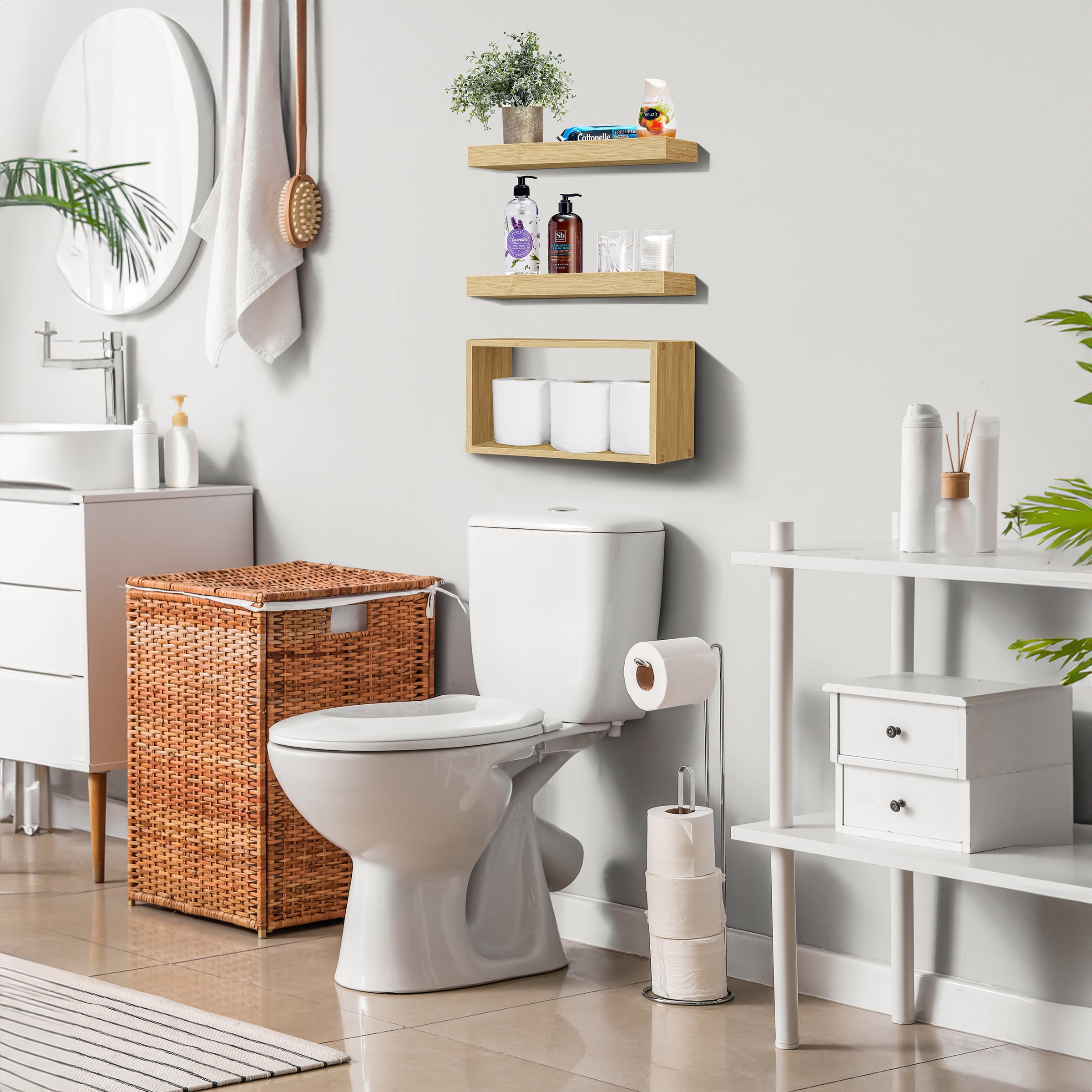 Sorbus Floating Shelves for Wall Set of 3 - Bathroom Shelves for Wall Storage, Over Toilet, Bedroom, Farmhouse, Wall Decor - 2 Floating Shelves with Invisible Brackets & 1 Rectangular Box