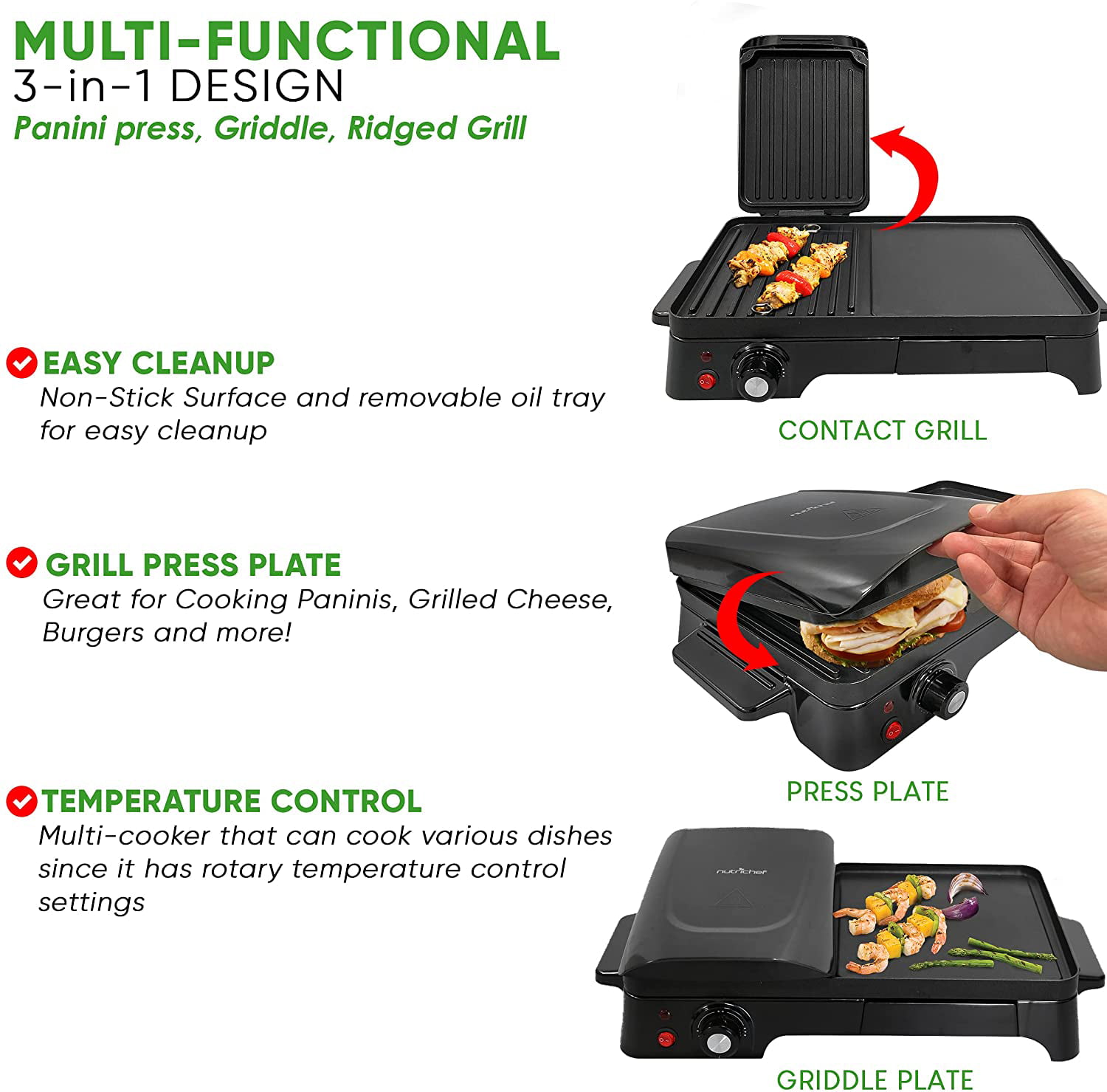 Nonstick Coating Temperature Control 2-in-1 Panini Press Grill Gourmet Sandwich Maker & Griddle NutriChef Oil Tray Countertop Removable Drip Tray 1500W