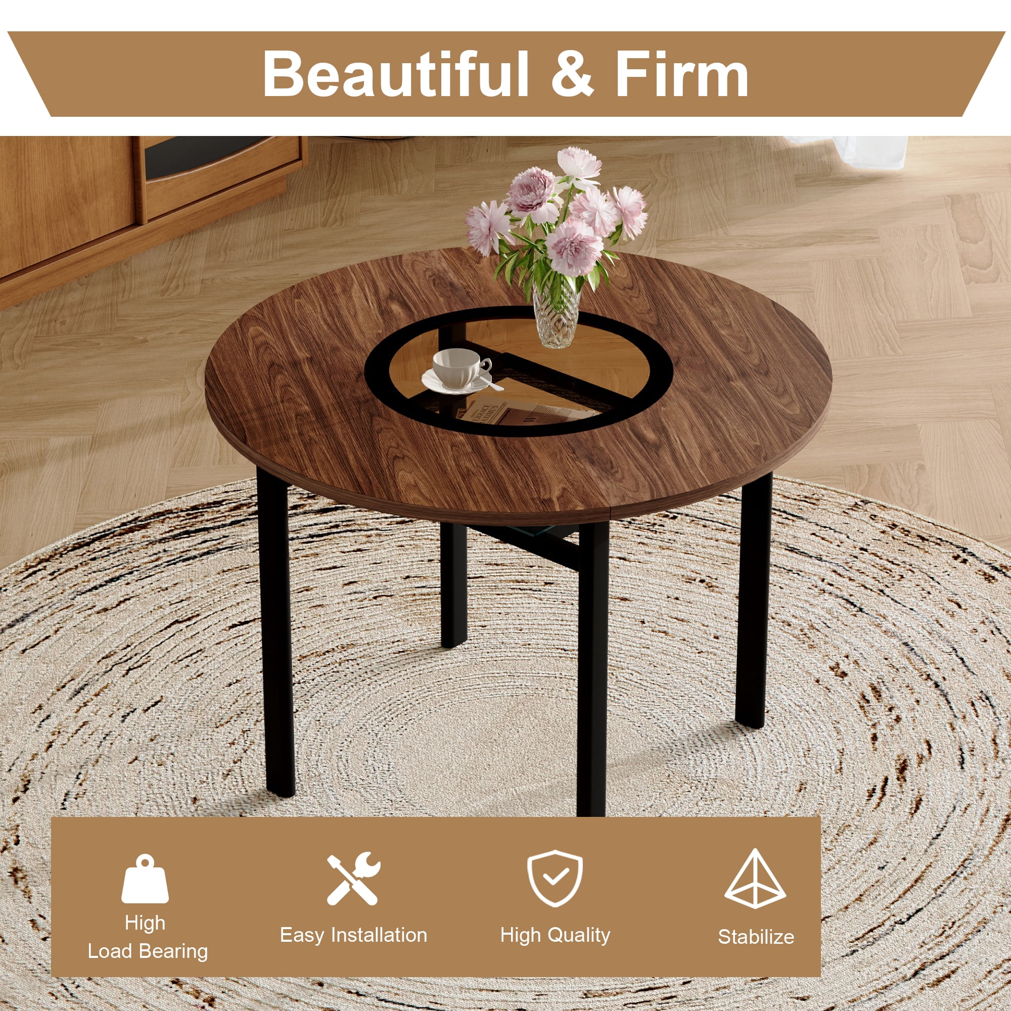 Mintazer 42 Inch Modern Wood Grain Round Dining Table with Tempered Glass Inlay and Storage Shelf, Minimalist Kitchen Table for 4-6 People, Walnut