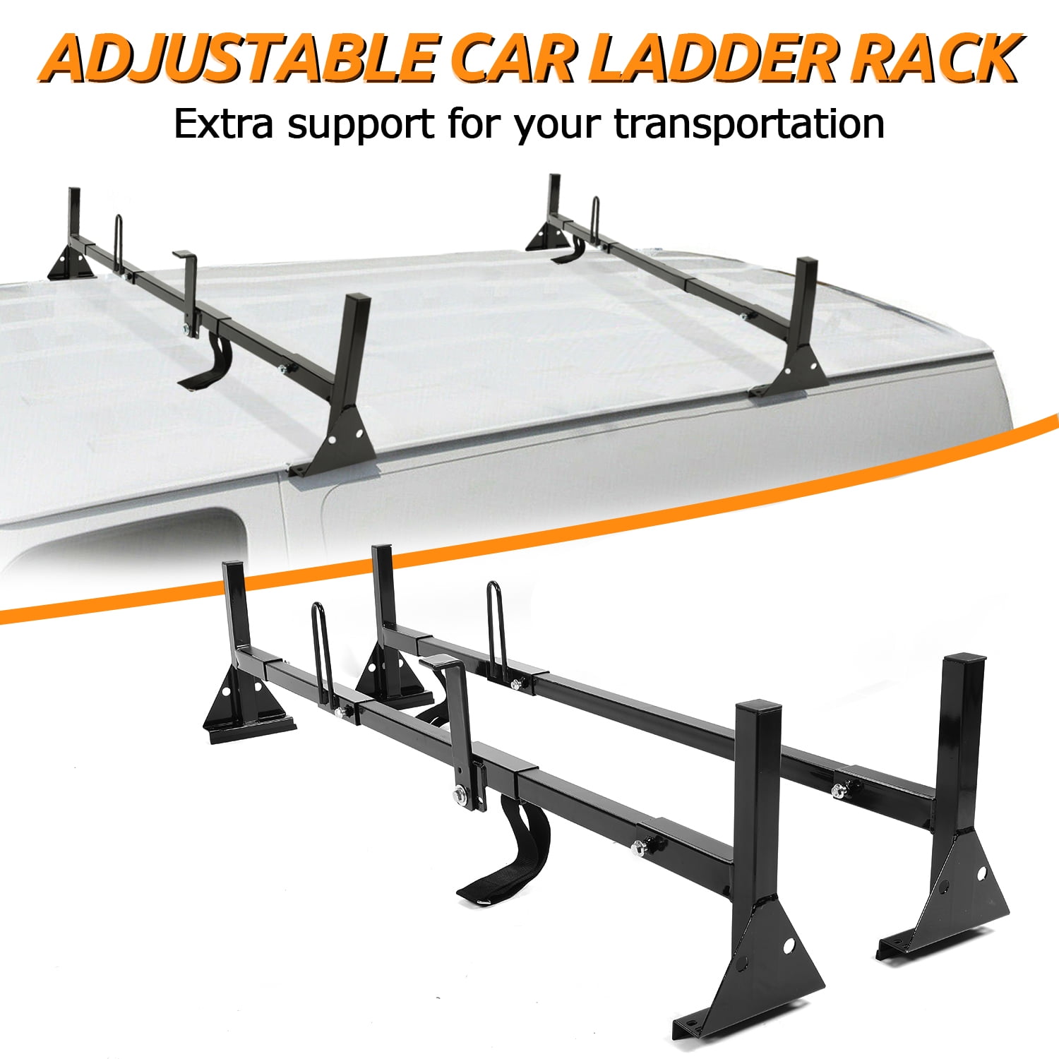 Kojem Universal 2 Bars Roof Rack Mount Full-Size Vans for Chevy Express Ford E-Series GMC Savana 68"-75" Adjustable Steel Rack Carry Ladders