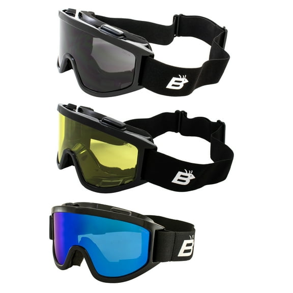 Birdz Eyewear Vulture Motorcycle Goggles ANSI Z87.1  Padded Fit-Over Safety Goggles 3 Pairs Black Frame w/Smoke Yellow & Blue Mirror Lenses