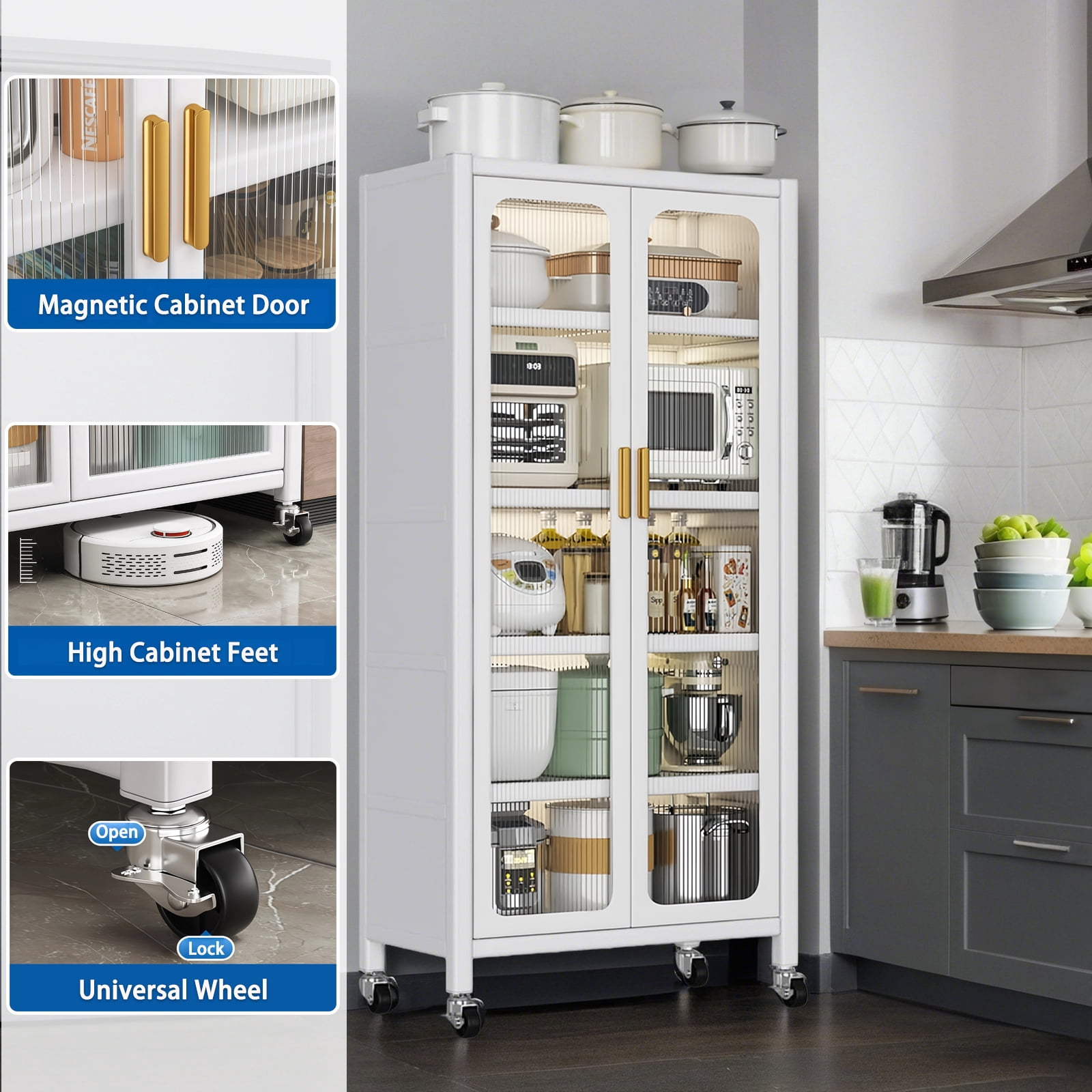 65" Kitchen Pantry Storage Cabinet, 6 Tier Metal Display Storage Cabinet with Transparent Door, Adjustable Shelves & Wheels, Food Pantries Cabinets, for Kitchen, Living Room and Dining Room, White