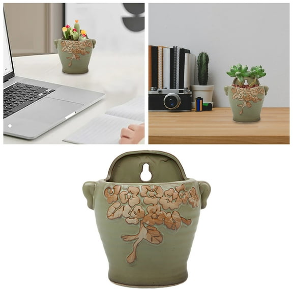 Vintage Ceramic Wall Planter - 5 Inch Green Retro Flower Pot for Farmhouse Decor,Indoor/Outdoor Hanging Planter for Succulents,Herbs,Wall Plants