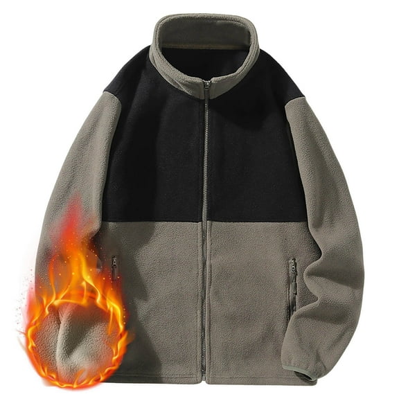 gyLJF Men's Color-blocked Fleece Jacket Stand-up Collar Fleece Hoodie Full-zipper Warm Long Sleeve Top with Zipper Pockets