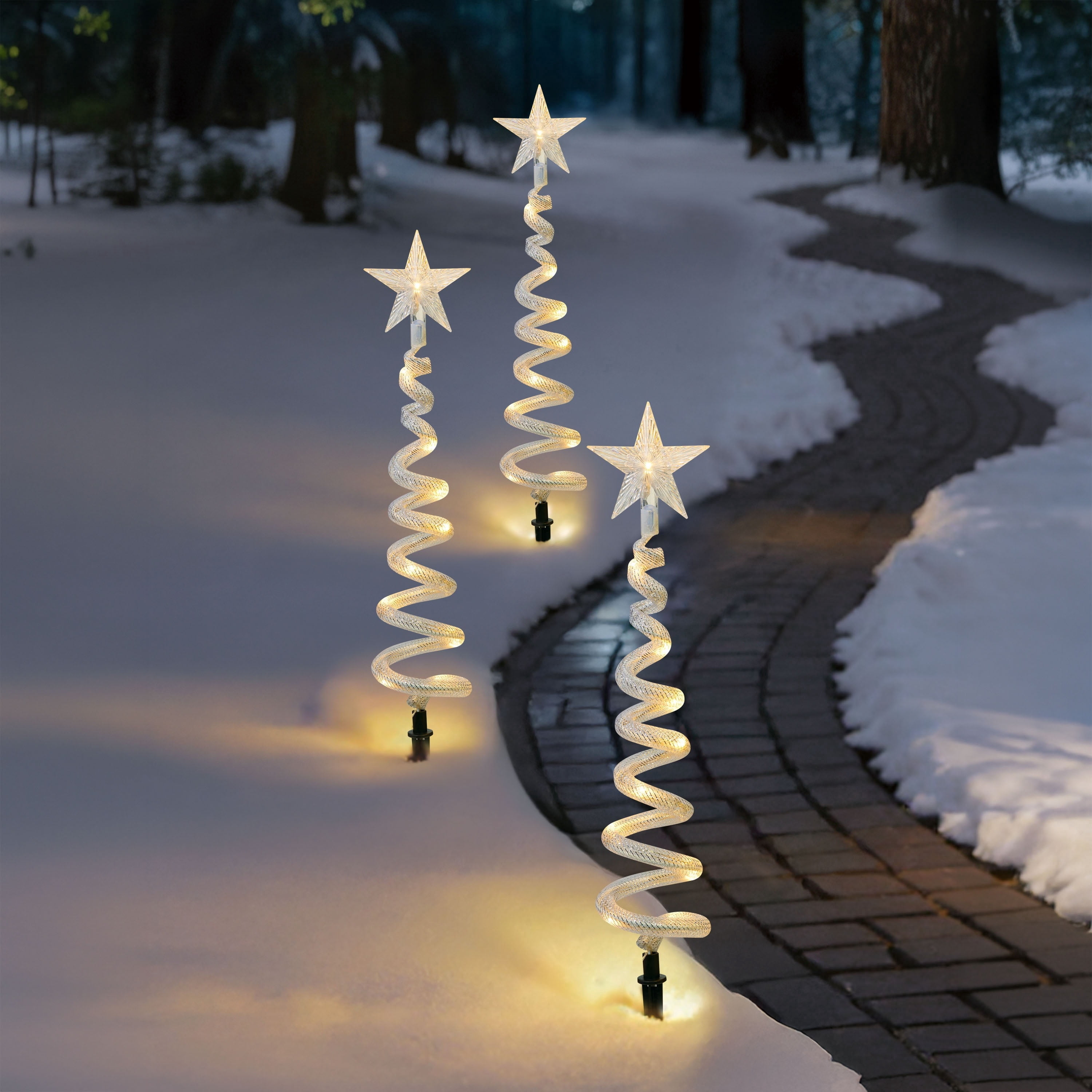 Outdoor Solar-Powered LED Spiral Tree Christmas Pathway Lights, Warm White, Set of 3, by Holiday Time