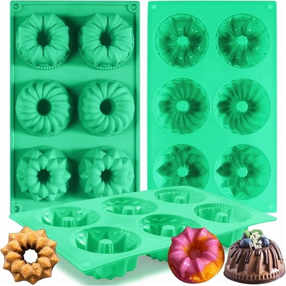 3Pcs Mini Bundt Cake Pan Silicone Original Bundt Pan, 6Cavity Mini Heritage Bundtlette Cake Silicone Mold for Baking，Non-stick Baking Mold for Cupcake Cornbread Brownie Jello (Original)