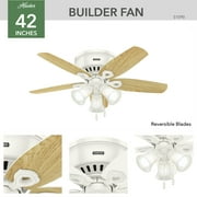 Hunter 42 inch Indoor Ceiling Fan with LED Lights - White Ceiling Fan with Pull Chain, For Bedroom, Living Room, or Kitchen, Low Profile Mount, No Remote, 5 Blades - Builder 51090, Snow White