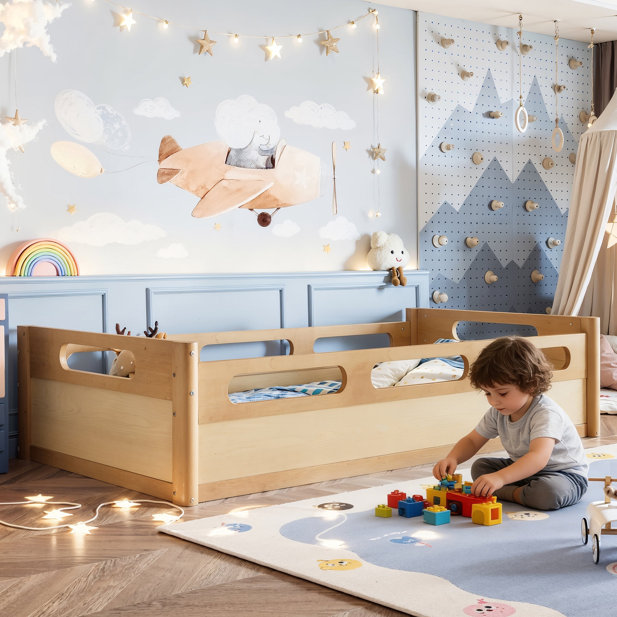 Leumius Twin Size Floor Bed with Full-length Guardrails,Low Profile Montessori Bed Frame,Easy Assembly, No Box Spring Needed,Natural