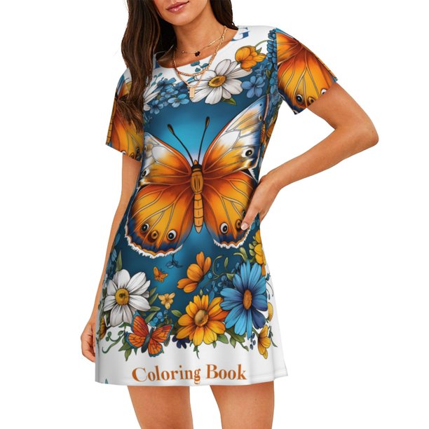 Balery Spring Butterfly Flowers Camisón de manga corta con cuello redondo para mujer, cómodo y elegante.