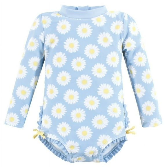 Hudson Baby Girls Rashguard Toddler Swimsuit, Blue Daisy, 2T