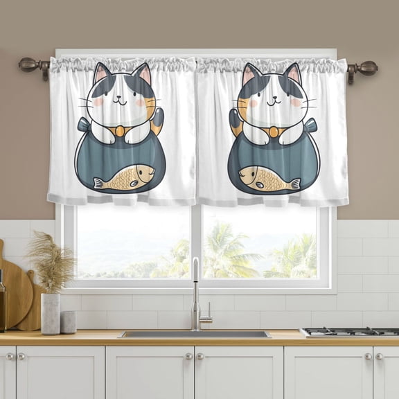 Yayeee Kitchen Curtains Tier Set of 2 Light Filtering 57"x24" Over Sink Window Panels, Blue Cute Cat