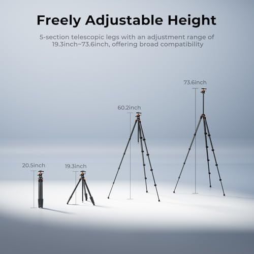 K&F CONCEPT 73" Aluminum Compact Camera Tripod, Portable Travel Tripod Compatible with iPhone, 22 lbs Capacity Arca Swiss Ball Head for DSLR Mirrorless, Laser Level, Hunting