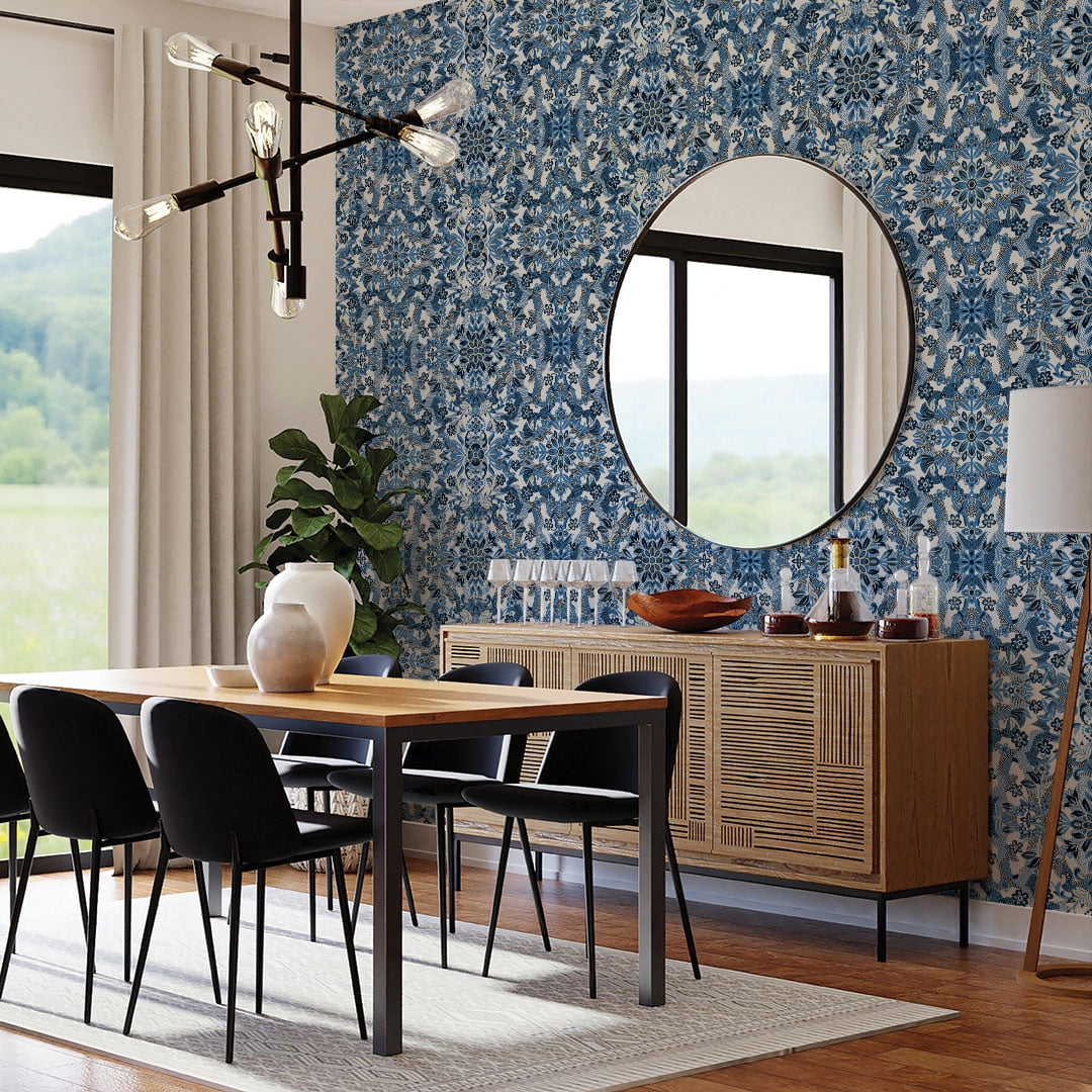 Tempaper Ornate Medallion Blue Sapphire Peel and Stick Wallpaper, 20.5" x 16.5'