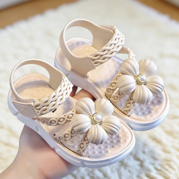LJEFF Toddler Girls Flower Sandals, Non-Slip Cute Breathable Lightweight Comfy Open-Toe Summer Shoes for Girls Beige Size 12.5