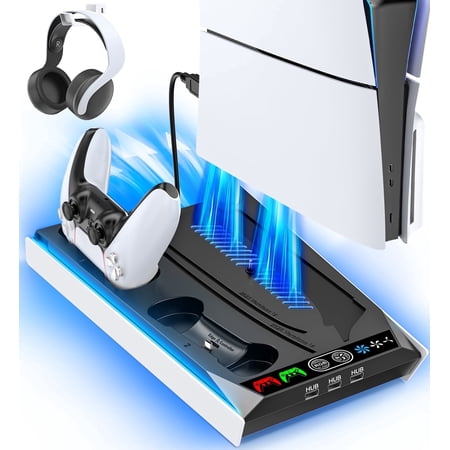 Kytok PS5 Slim Stand for Playstation 5, PS5 Cooling Station with 3-Level Fan, Controller Charger for Dualsense & Edge Controller, PS5 Accessories with Rgb Lighting, Black