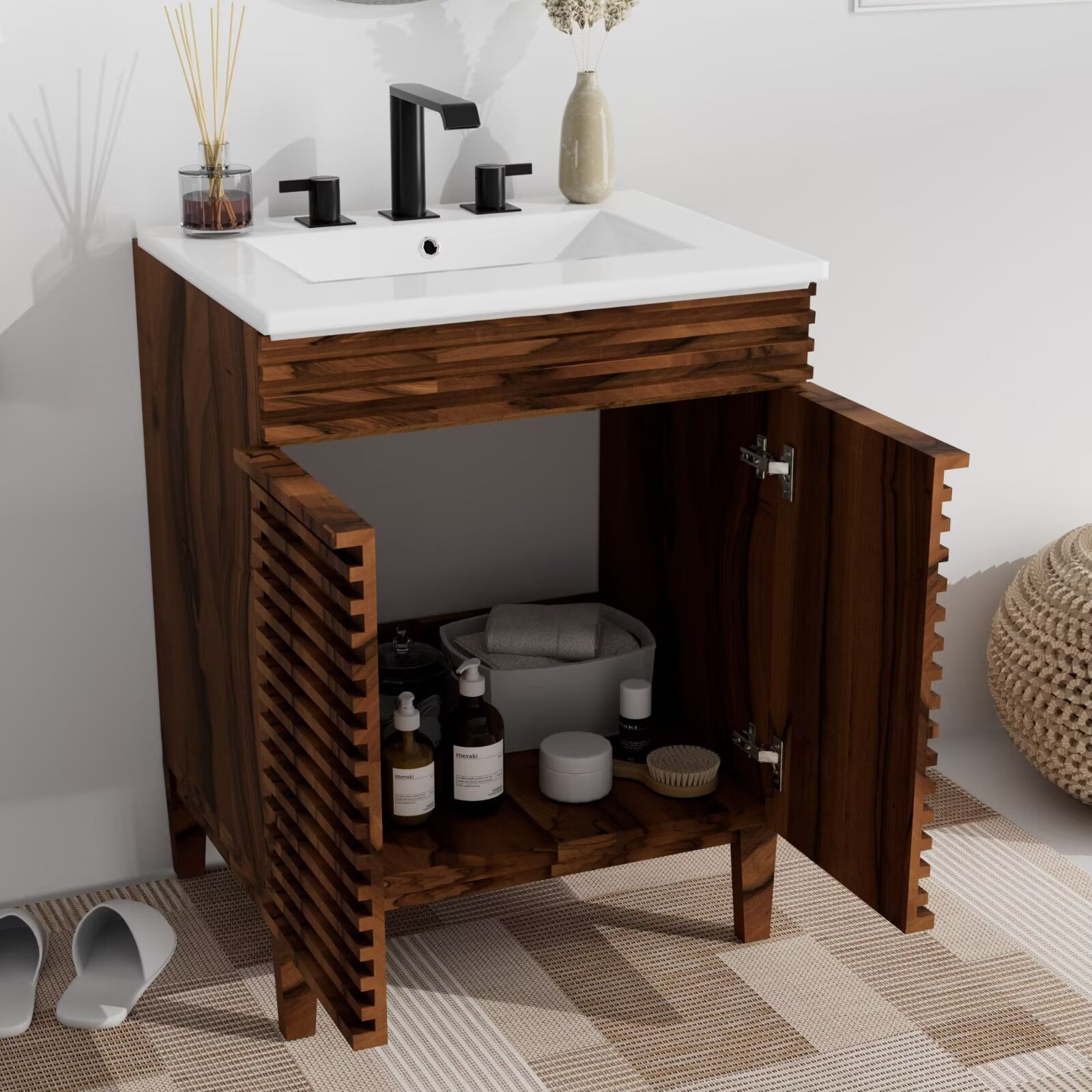 Nature Acacia Wood Bathroom Vanity with Integrated Ceramic Sink, 24" Freestanding Bathroom Vanity Cabinet with 2 Invisible Soft Closing Doors, Acacia Wood Grain