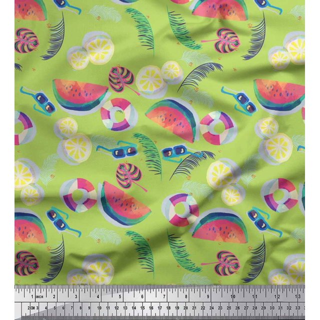 Soimoi Polyester Crepe Fabric Fruits,Swim Ring & Goggles Summer Designs Printed Fabric 1 Yard 42 Inch Wide