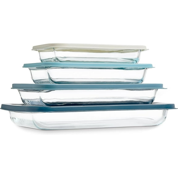 8-Piece Deep Glass Baking Dish Set with Plastic Lids – Casserole and Food Storage Containers for Lasagna, Leftovers – Freezer-to-Oven, Microwave & Dishwasher Safe,