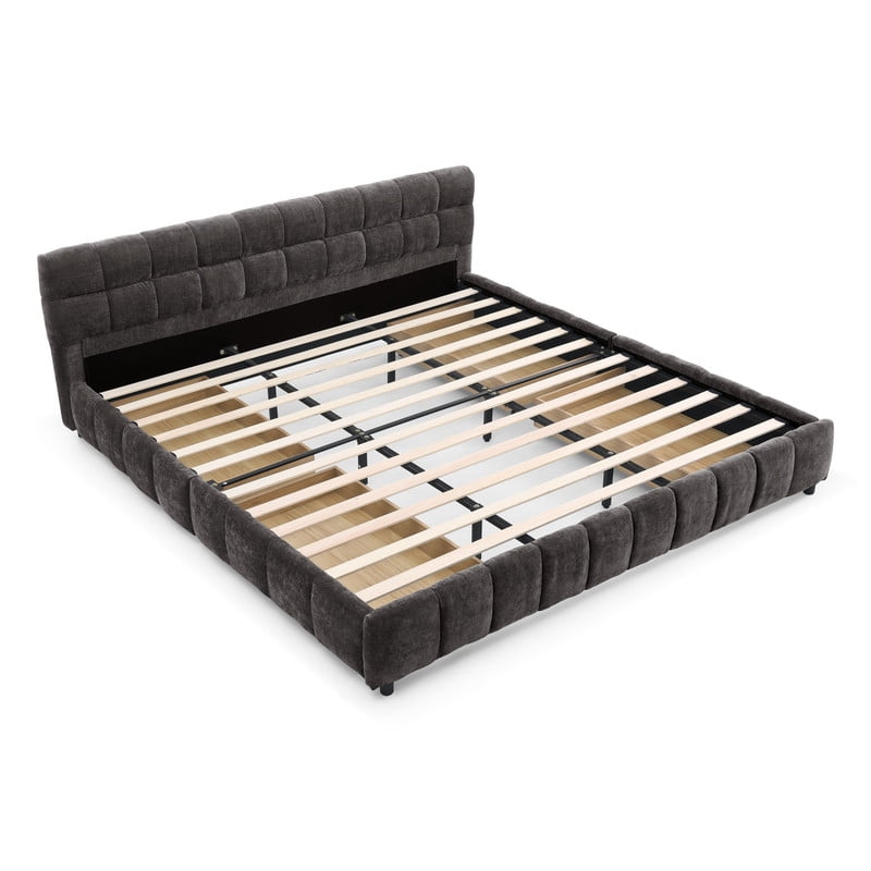 King Size Upholstered Platform Bed with 4 Storage Drawers, Low-Profile Chenille Grounded Bed with Headboard and Solid Frame, No Box Spring Needed
