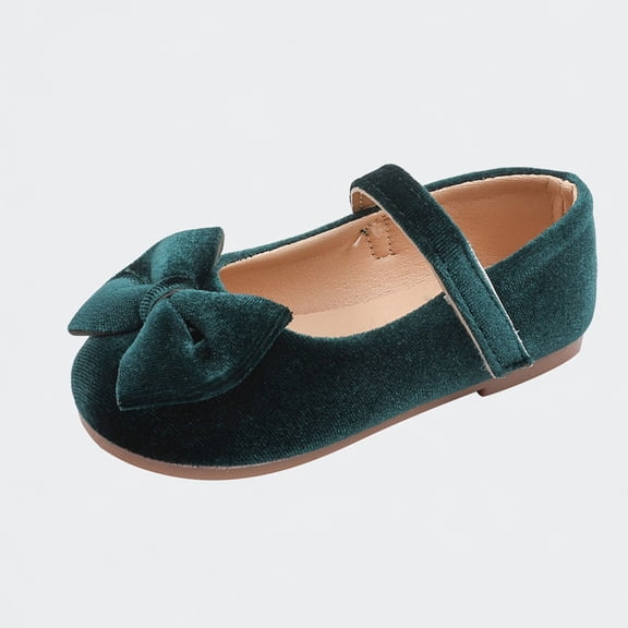 Ticikt Kids Velvet Mary Jane Flats, Bow Decor Hook and Loop Casual Dress Shoes for Toddler Girls,Green,Size:4.5-5 Years