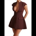 thumbnail image 2 of Vestido Mini de Verano Sexy para Mujer, con Mangas , Escote en V Profundo y Cremallera, Corte A, Ajustado, para Fiesta Marrón Rojizo S, 2 of 7