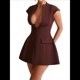 thumbnail image 2 of Vestido Mini de Verano Sexy para Mujer, con Mangas , Escote en V Profundo y Cremallera, Corte A, Ajustado, para Fiesta Marrón Rojizo XL, 2 of 7