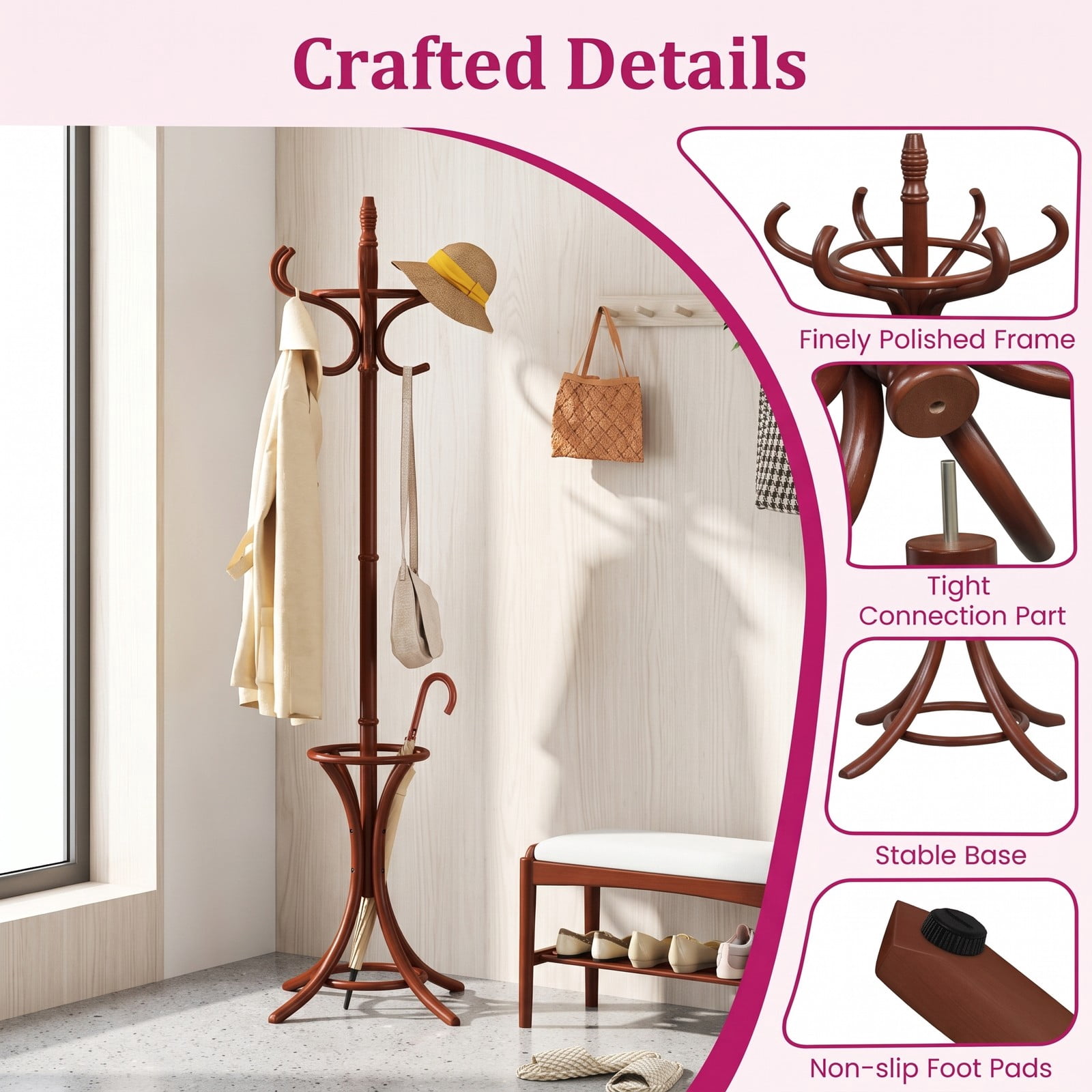 Furnibear Freestanding Wood Coat and Hat Rack Stand with Umbrella Stand Rotating Top and 12 Hooks for Entryway and Hallway, Brown