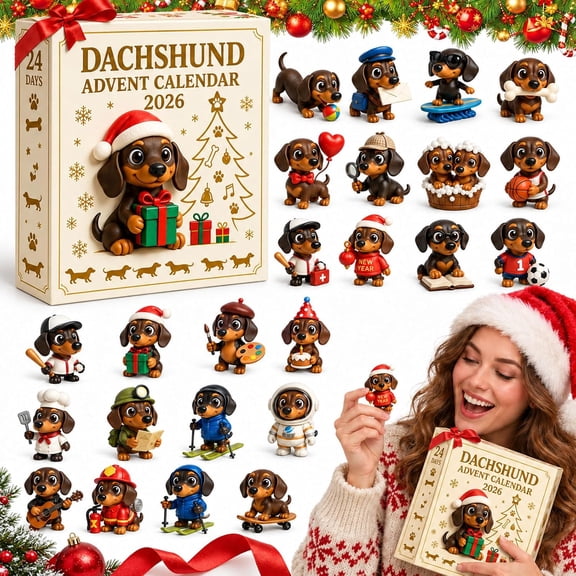 2026 Dachshund Advent Calendar, 2D Christmas Countdown, 24 Mini Dogs, Daily Reveal, Freestanding Mantel and Desk Décor, Collectible Holiday Gift for Pet Lovers