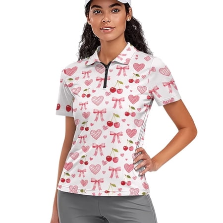 Aplkyhs Valentine s Day Women Sport Cloth Athletic Short Sleeve Shirts Soft and Comfortable with Collar Shirt Fit Plain Machine Washable for Golf Tennis Hiking Running Gym Pink Cherry Bow