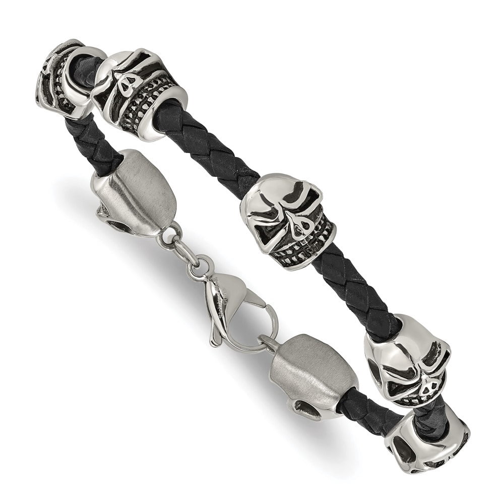 Diamond2Deal Stainless Steel Antiqued and Polished Skull Beads Black Braided Leather Bracelet for Men 8.5"