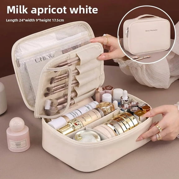Portable Makeup Bag Women Cosmetic Bag Travel Beauty Organizer with Brush Slot Large Capacity Waterproof Skincare Storage Bag
