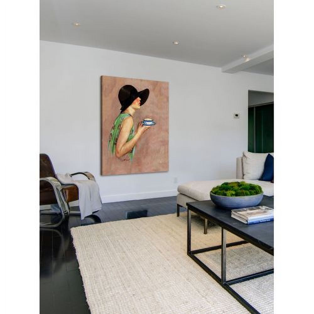 "Lady in Wide Brim Hat Holding Tea Cup" Painting Print on Canvas