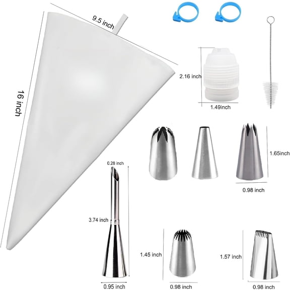 11-Piece Reusable Cotton Frosting Piping Kit – 16-Inch Pastry Bags, 6 Large Stainless Steel Tips & Coupler for Cake Decorating, Cupcakes & Baking Projects