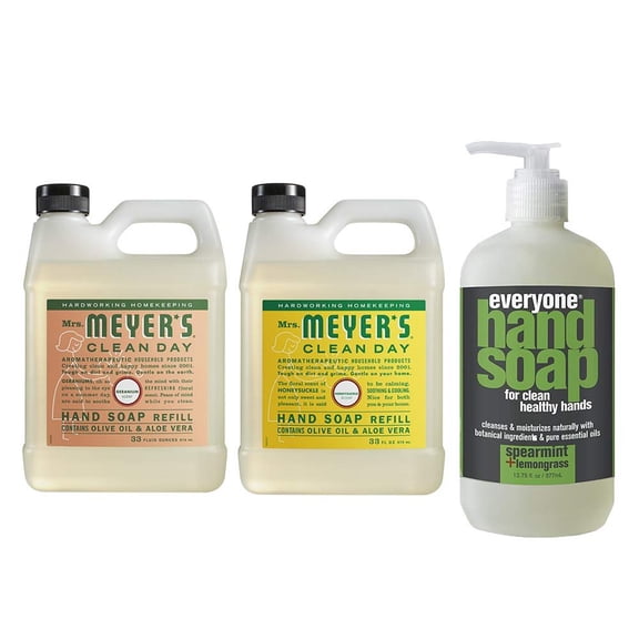 Mrs. Meyers Clean Day Liquid Hand Soap Refill, 1 Pack Geranium, 1 Pack Honey Suckle, 33 OZ each include 1 12.75 OZ Bottle of Hand Soap Spearmint   Lemongrass