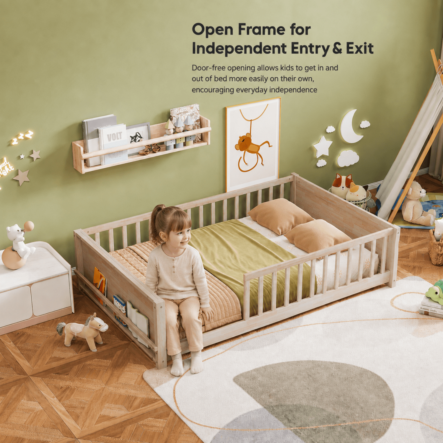Miniyam Full Size Kids Floor Bed with Guardrails and Bookshelf, Wooden Low Profile Bed, Natural