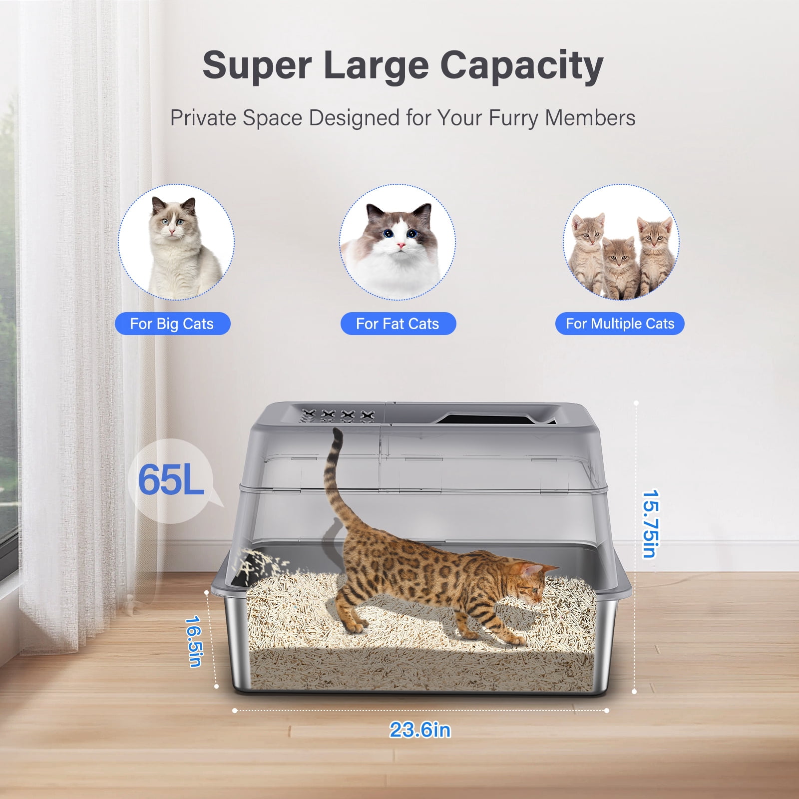 Aphyxen XL Enclosed Stainless Steel Cat Litter Box, 110° Flip Lid, Top Entry Metal High Sided with Pedal & Scoop, Anti-Leakage (Black)