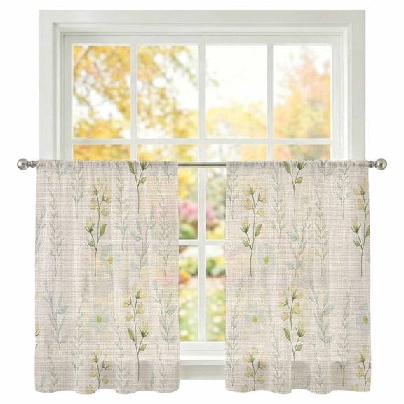 Spring Florals Sheer Curtains 45 inches Long, Vintage Country Watercolor Light Yellow Floral Leaf Linen Texture Light Filtering Sheer Window Curtains Voile Drapes for Bedroom Living Room, 2 Panels