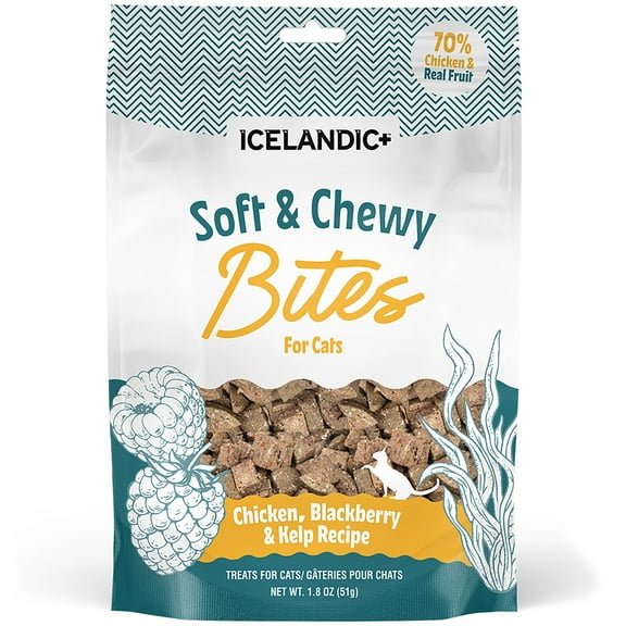 Icelandic+ Soft & Chewy Bites - Chicken, Blackberry & Kelp - 1.8oz Cat Treats, 70% Meat & Fruit, Air-Dried, Limited Ingredients, Pet Snack, Grain Free