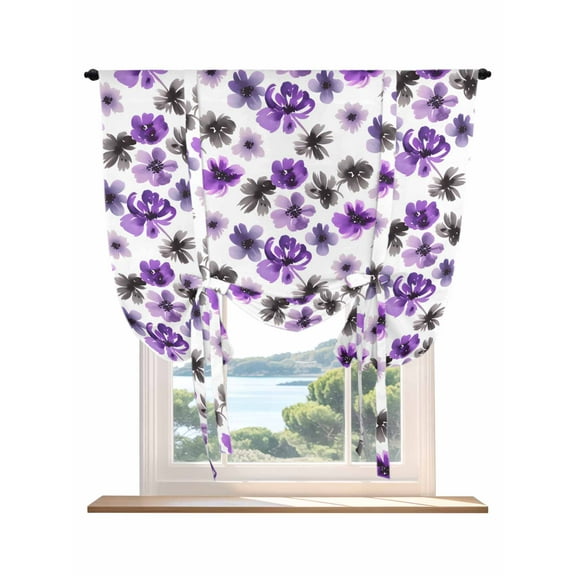 Purple Black Tie Up Curtains for Windows 45 Inch Length Balloon Curtains Kitchen Adjustable Balloon Window Shade Retro Flower Floral Wildflower Watercolor Tie Up Bathroom Curtain Window 52"x45"