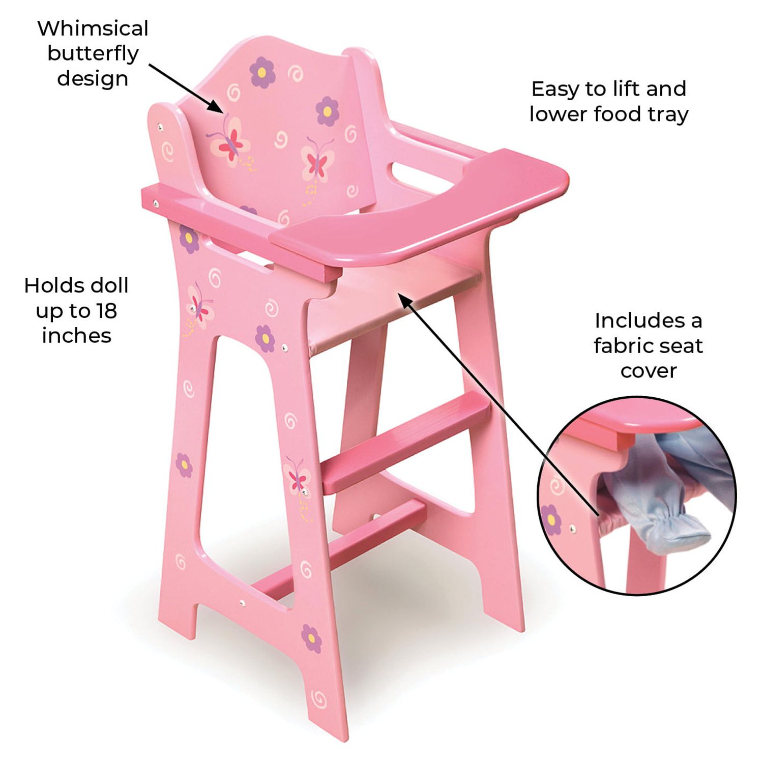 Badger Basket Blossoms and Butterflies Doll High Chair Feeding Seat for 18 inch Dolls - Pink - image 4 of 9