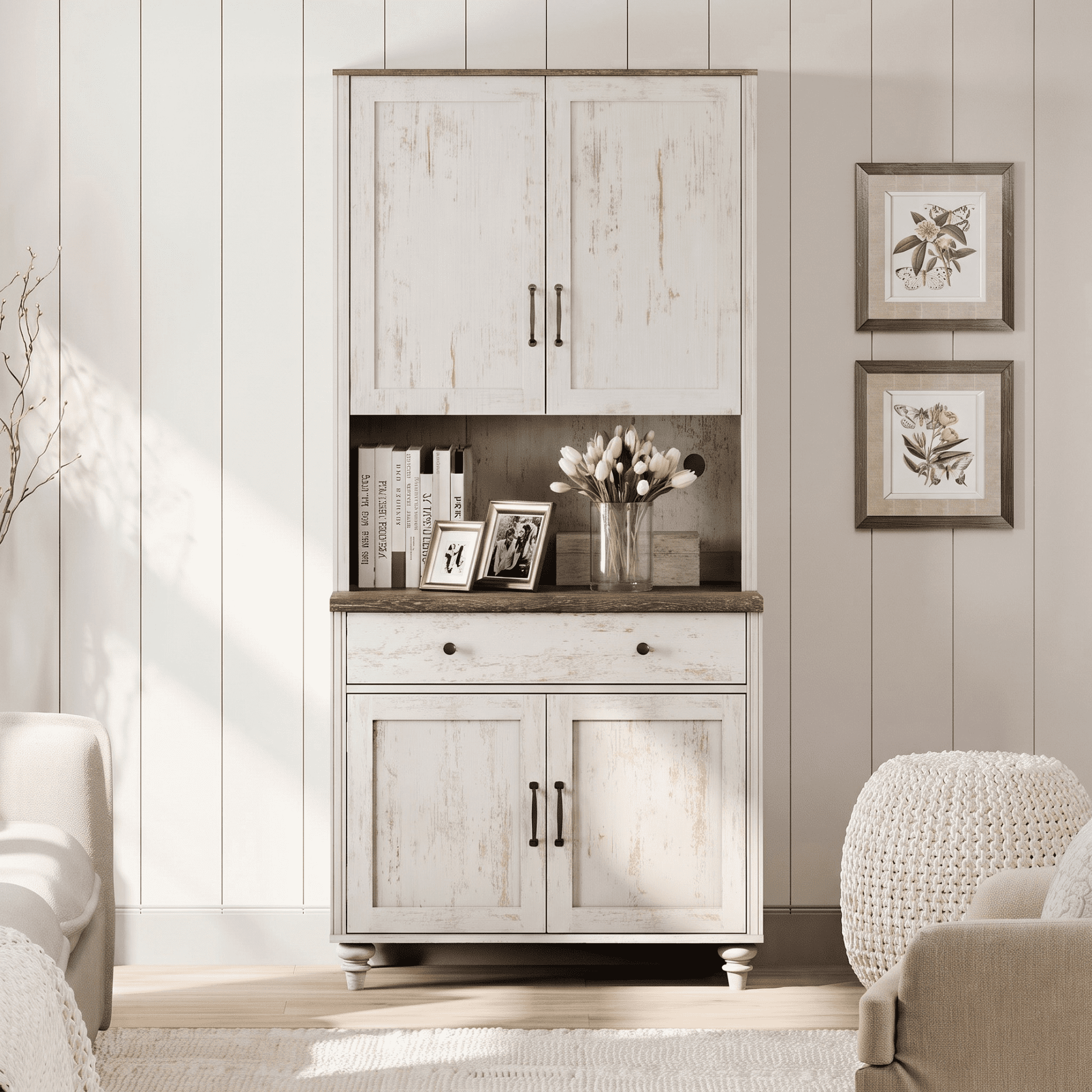72"H × 34"W Farmhouse Wooden Library Bookcase with Spacious Storage Cabinet, Freestanding Bookshelf for Living Room, Office & Study Room, Rustic white