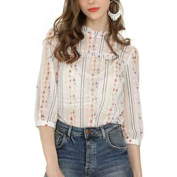 Allegra K Women's 3/4 Sleeves Ruffle Mock Neck Sheer Lace Tops